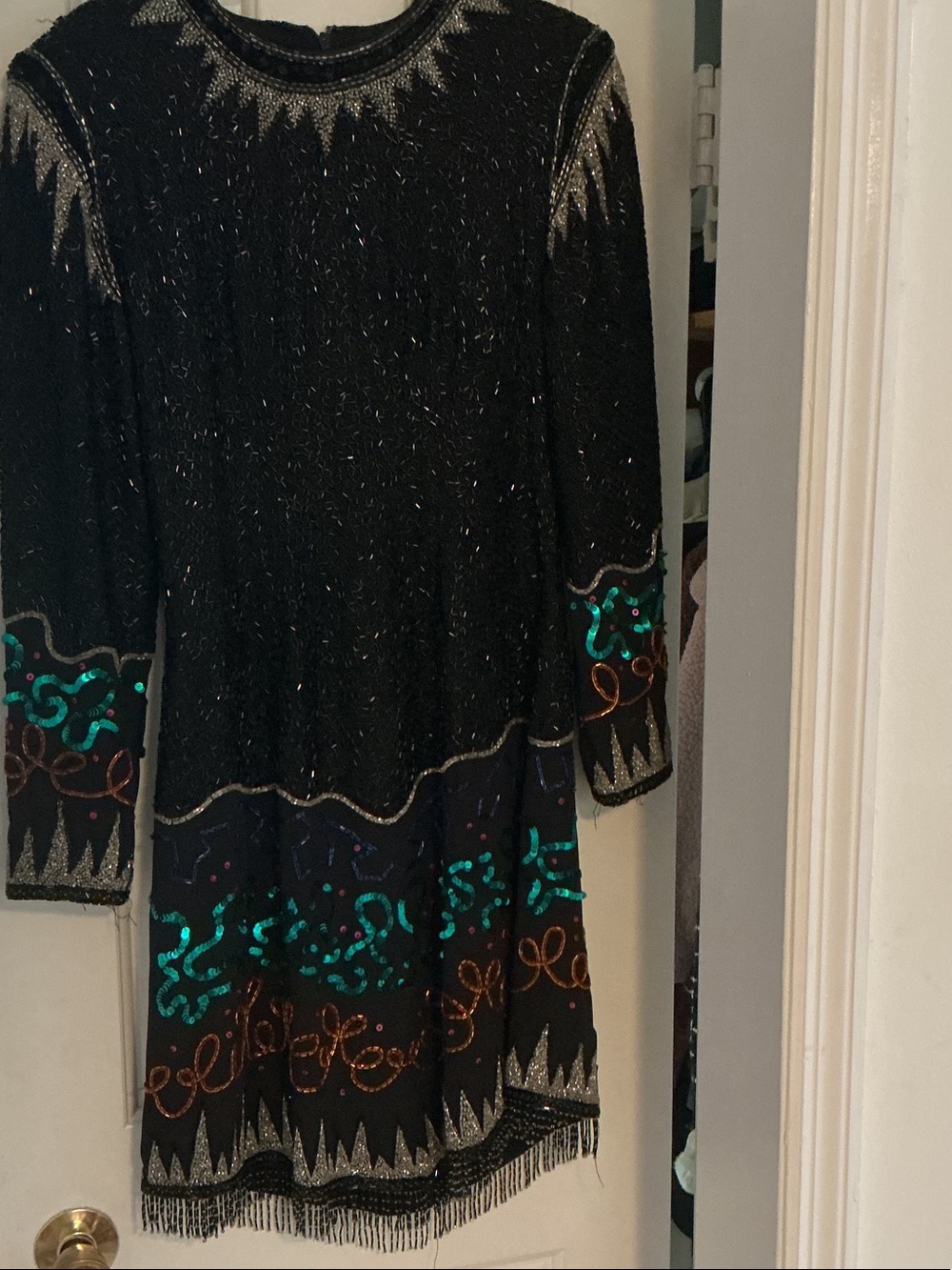 Vintage Size 8 Black Beaded Sequin Cocktail Dress Multicolor Fringe